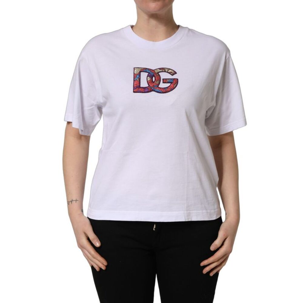 Dolce & Gabbana White Cotton DG Logo Patch Crew Neck Women's T-shirt